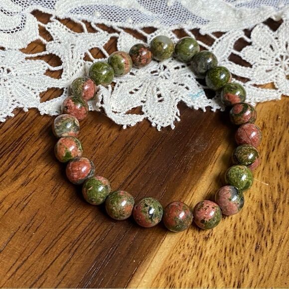 Natural unakite crystal bracelet 7” genuine stone elastic handmade - Picture 1 of 4